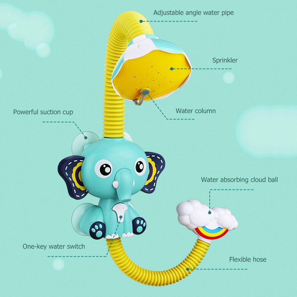 Cute Electric Elephant Water Pump with 360 Degrees Adjusted Hose Baby Bath Shower Head Spout Rinser Kids Shower Toys